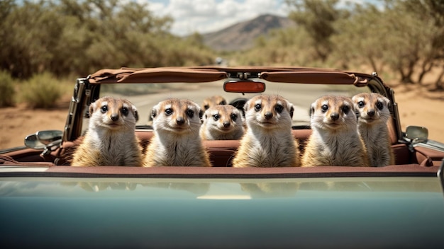 Stel je een groep avontuurlijke meerkatten voor die in een cabriolet op reis gaan.