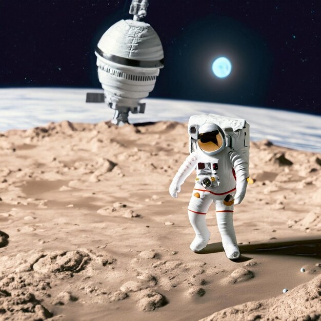 Stel je een model voor van een astronaut die op het oppervlak van een planeet loopt.