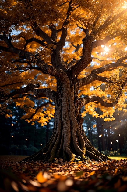 Stel je een prachtige boom voor waarvan de bladeren glinsteren in het zonlicht alsof ze van binnenuit worden verlicht