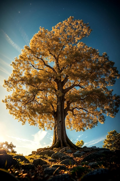 Stel je een prachtige boom voor waarvan de bladeren glinsteren in het zonlicht alsof ze van binnenuit worden verlicht