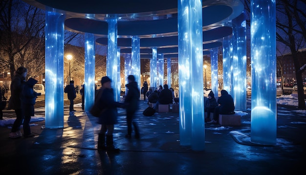 Foto stel je een stadspark voor op blauwe maandag met blauwe verlichting