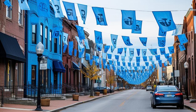 Stel je een stadsstraat voor op blauwe maandag, bekleed met blauwe spandoeken en vlaggen.