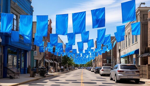 Foto stel je een stadsstraat voor op blauwe maandag, bekleed met blauwe spandoeken en vlaggen.