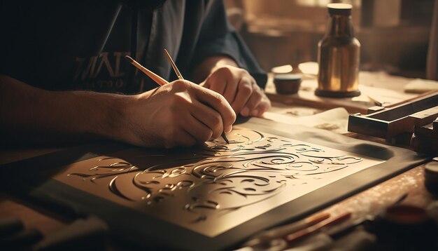 Foto stel je een stuk midden-oosterse kalligrafie voor. de elegante streken van het schrift vormen een boeiende