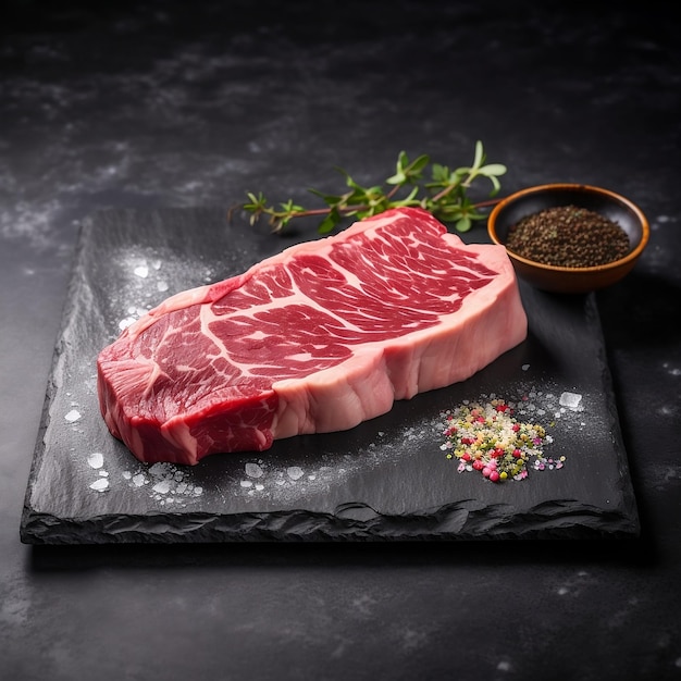 Stel je smaakpapillen tevreden met dit hartige en verrukkelijke bovenaanzicht van een rauwe Wagyu A5 steak op een leisteen