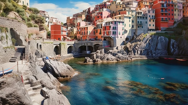 Stel je voor: Cinque Terre, Italië, kleurrijke kustdorpen steil. Gemaakt met generatieve AI-technologie