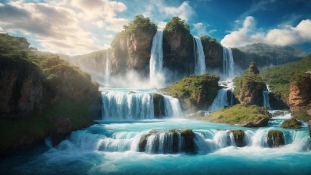 stel je voor prompt Een bekroonde foto van mystieke watervallen die in de wolken opstijgen