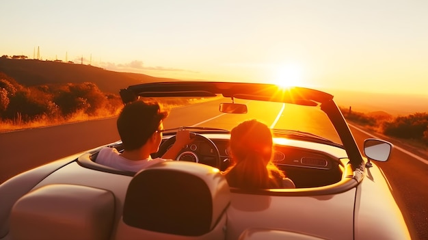 Stel rijdt in een cabriolet op een weg met de ondergaande zon achter hen