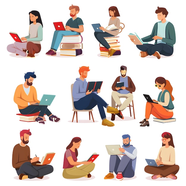 Stel studenten die boeken lezen Mensen die boeken lezen Vectorillustratie in vlakke stijl