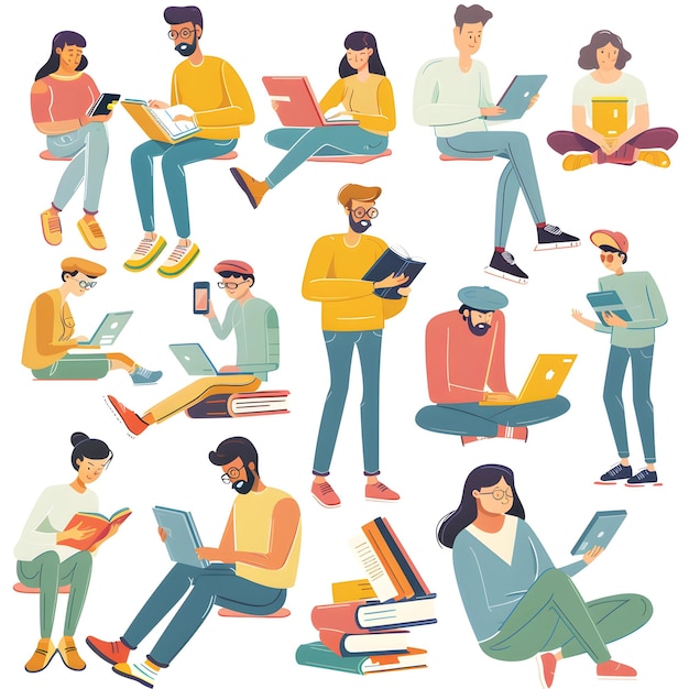 Stel studenten die boeken lezen Mensen die boeken lezen Vectorillustratie in vlakke stijl