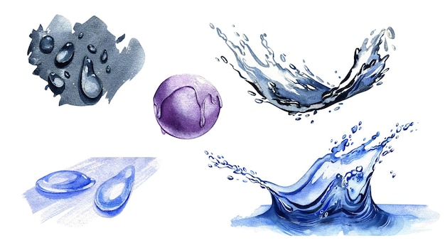 Stel waterspatten terxture in met realistische druppels geïsoleerd op witte aquarel handtekening