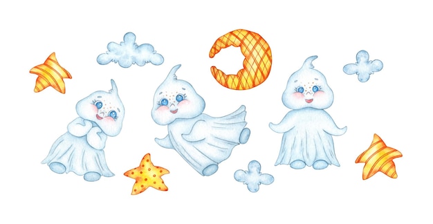 Stel waterverf illustraties van drie kleine schattige geesten maan ster wolk Halloween geest geïsoleerd