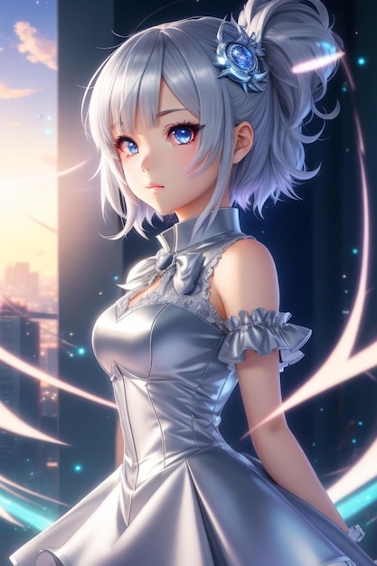 Stellar Glamour An Anime Girl in a Short Silver Dress