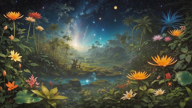 Stellar Mirage Exploring the Celestial Jungle's Mysteries with Starlit Flora and Fauna