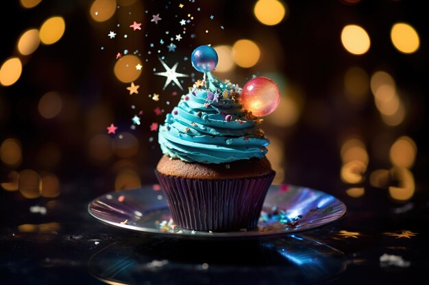 星の甘さ 宇宙的なチョコレートカップケーキのお祝い