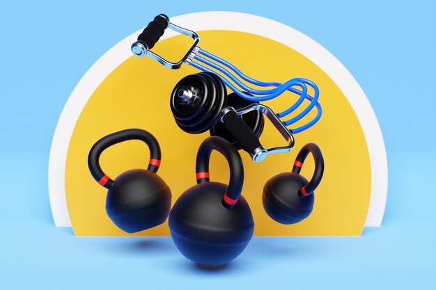 Foto stelletje fitness training gewichten op kleurrijke achtergrond halters kettlebell fitness rubber 3d illustratie