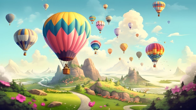 Stelletje heteluchtballonnen vliegen over weelderig groen veld met bergen op de achtergrond Generatieve AI