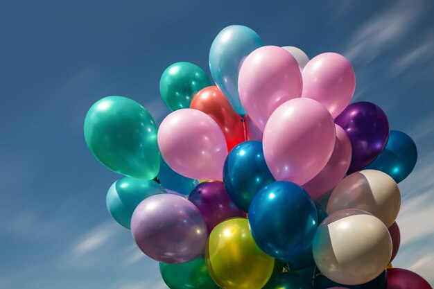 Stelletje kleurrijke ballonnen op een blauwe hemelachtergrond