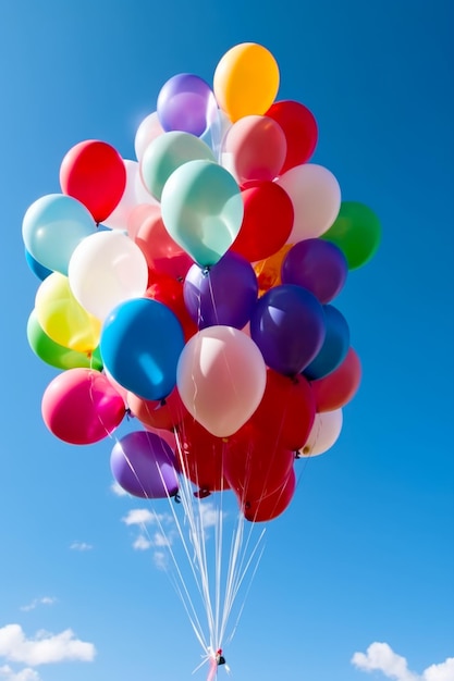 Stelletje kleurrijke ballonnen zwevend in de lucht met blauwe lucht op de achtergrond Generatieve AI