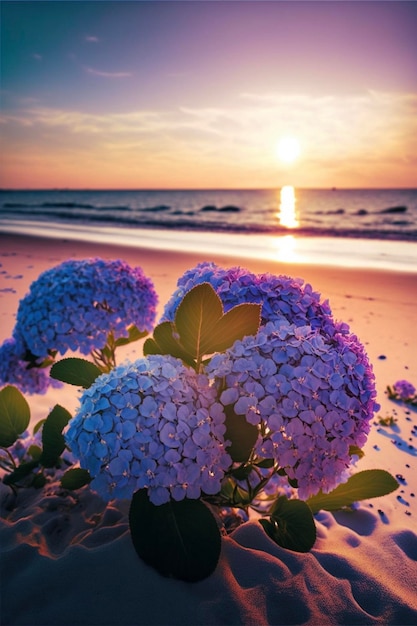 Stelletje paarse bloemen bovenop een generatieve ai van een zandstrand