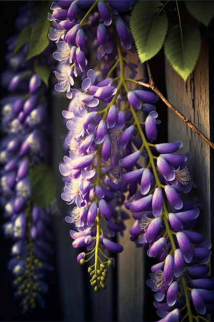 Stelletje paarse bloemen hangend aan een houten hek generatieve ai