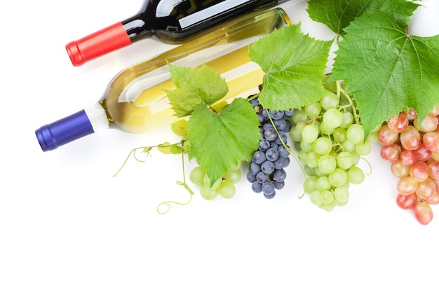 Stelletje roodpaarse en witte druiven en wijn