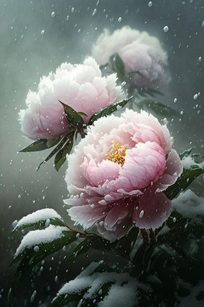 Stelletje roze bloemen die in de sneeuw generatieve ai zijn