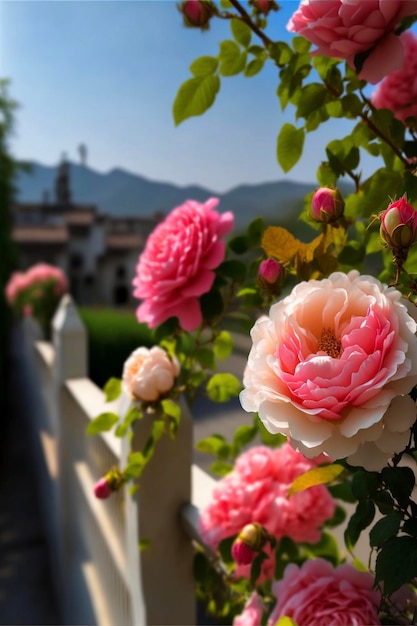 Stelletje roze rozen groeien op een hek generatieve ai