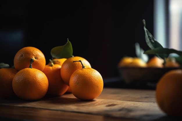 Stelletje sinaasappelen op een tafel in een donkere achtergrond