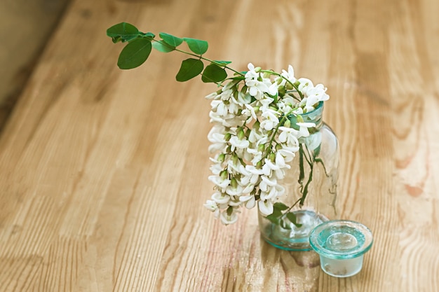 Stelletje witte bloemen acacia in de buurt van fles geneeskunde collectie van kruiden in het seizoen