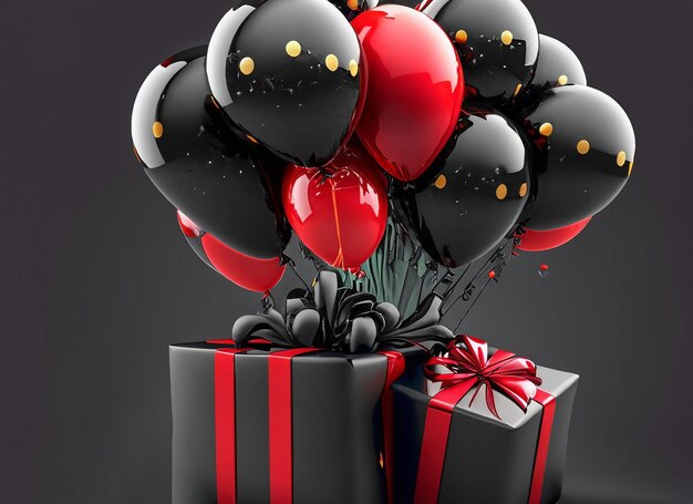stelletje zwarte ballonnen met rode geschenkdoos geïsoleerd op Black Friday concept wit