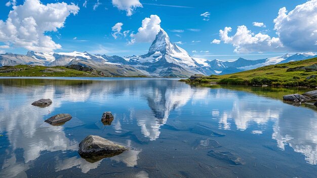 Stellisee and Matterhorn mountain in the Swiss Alps