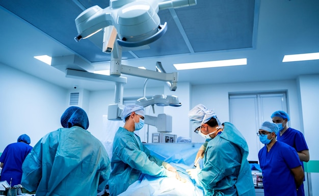 幹細胞の操作ヘルスケアの概念外科医チームの作業骨髄移植の操作注射器内のプラズマ選択的焦点医療室の背景