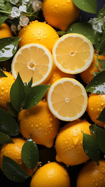 Stem leaf mandarin oranges on a green background