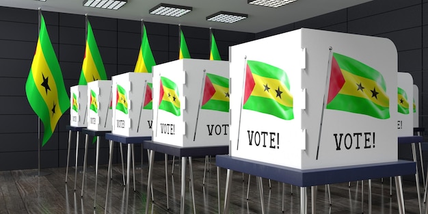 Stembureau van Sao Tomé en Principe met veel stemhokjes verkiezingsconcept 3D illustratie