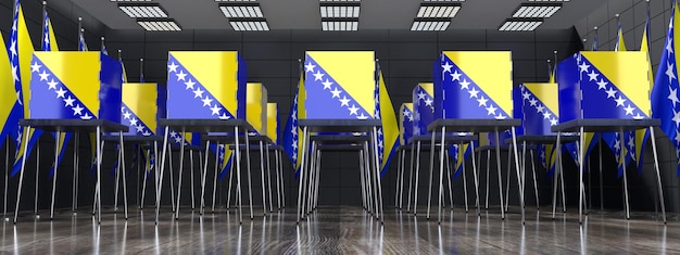 Stembureaus en nationale vlaggen in stembureaus van Bosnië en Herzegovina verkiezingsconcept 3D-illustratie