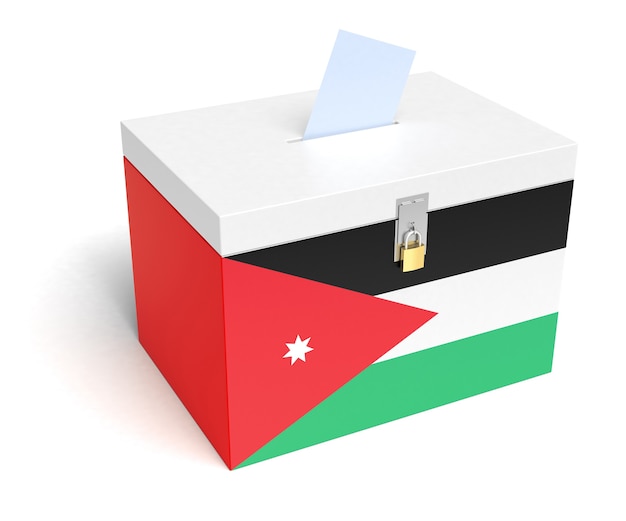 Stembus met Jordaanse vlag. Geïsoleerde witte achtergrond. 3D-weergave.