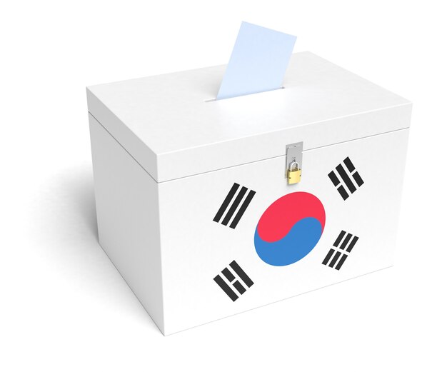Stembus met Zuid-Koreaanse vlag. Geïsoleerde witte achtergrond. 3D-weergave.