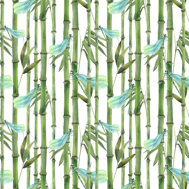 Stems leaves bamboo trees with blue dragonflies on a white background Watercolor illustration Seamless pattern from the BAMBOO collection For fabric textile wallpaper packaging wrapping paper