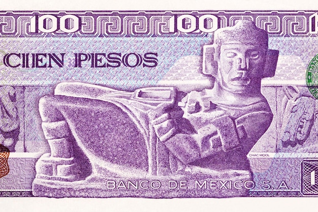 Stenen beeld Chac Mool van oud Mexicaans geld - Pesos