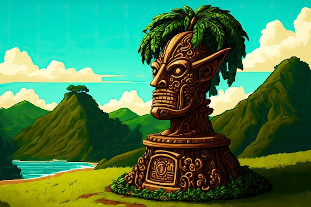 Stenen beeld van god op eilanden van Tahiti tiki-masker op de achtergrond van de natuur