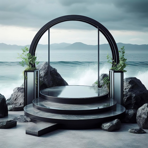 Stenen en glazen podium met zwarte rotselementen zee achtergrond