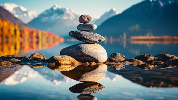 Foto stenen in evenwicht op het oppervlak van een bergmeer in de herfst