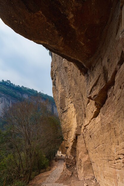 Foto stenen ladder die naar beneden gaat op het pad naar da wang shan in wuyishan gebied fujian china verticale achtergrond afbeelding met kopieerruimte