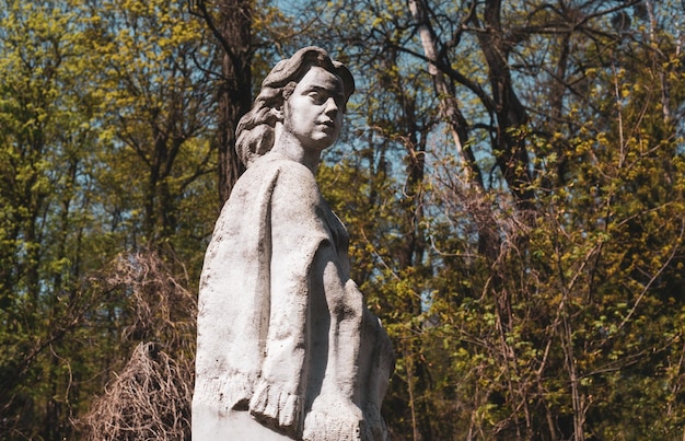 Stenen monument van een vrouw op de achtergrond van de natuur