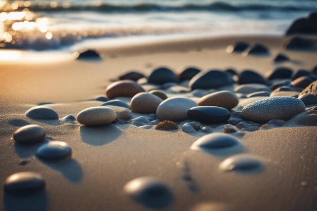 stenen op een strand met de oceaan op de achtergrond