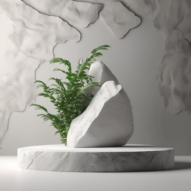 Stenen Podium Display Met Witte Rots En Plant Vervagen Voorgrond Abstracte Achtergrond 3D Render