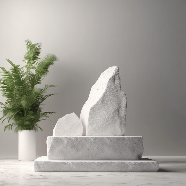 Stenen Podium Display Met Witte Rots En Plant Vervagen Voorgrond Abstracte Achtergrond 3D Render