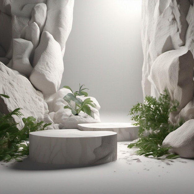 Stenen Podium Display Met Witte Rots En Plant Vervagen Voorgrond Abstracte Achtergrond 3D Render