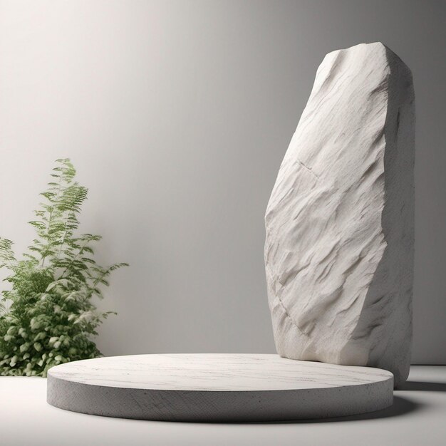 Stenen Podium Display Met Witte Rots En Plant Vervagen Voorgrond Abstracte Achtergrond 3D Render